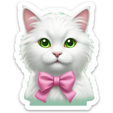 a white fluffy cat, with green eyes and a pink bow on its head, licks its paws sticker