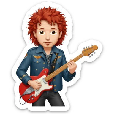 realistic cinematic Bob Dylan, unshaven and long haired, in a motor jacket embroidered with bronze cranes, plays an electric guitar, his long curly hair is red from the spotlights sticker