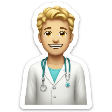 smiling boy indoors with necklace like a dentist, with mu face sticker