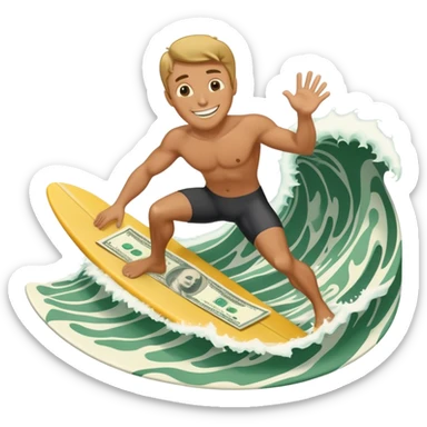Rich guy surfing on wave of dollars sticker