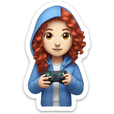 a white girl with long red curly hair, wearing periwinkle Minecraft hoodie holding a controller sticker