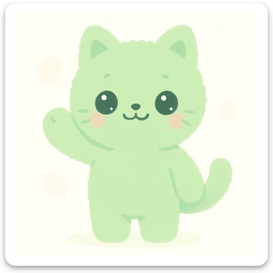 green fuzzy cute cat, standing, waving paw, sparkling eyes, plush toy look, clean background sticker