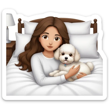 Olive skin girl with long brown hair in bed with 3 white bichon frise's sticker