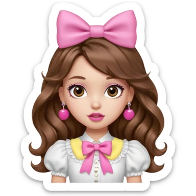 generate a pretty bratz girl in a white puff sleeve top. Pink lipgloss. Brown wavy hair long. Bow pink earrings sticker