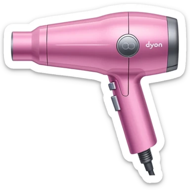 A pink Dyson Supersonic hair dryer, slight angle, realistic style, Features the distinctive hollow circular head with the barrel running through the center, sleek modern design, glossy pink finish with metallic silver accents on the nozzle ring.  sticker