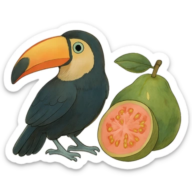 ghibli style toucan and guava sticker