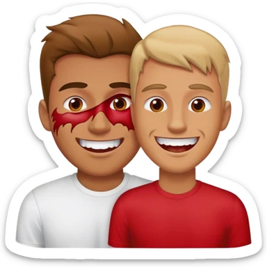 A man comes out of the eye of a man who has red skin and a wide smile with long teeth sticker