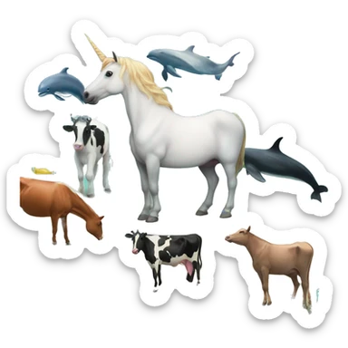 Unicorn and dolphins and cows in the ocean sticker