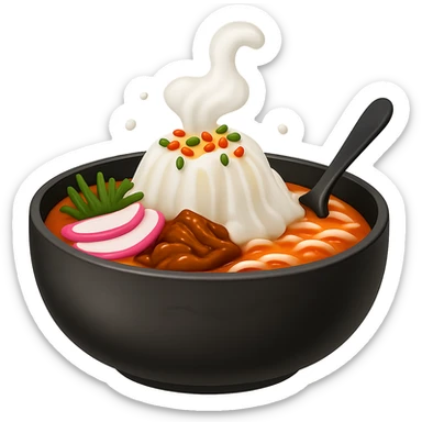Remove the egg from the sundae gukbap, keep the rest of the ingredients and the steaming soup in the earthenware pot. The style is Apple emoji style with no background. sticker