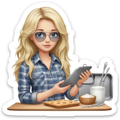 girl with long blond messy hair wearing grey plaid shirt with blue eyes and aviator sunglasses wearing a ring on her silver necklace, holding baking supplies sticker