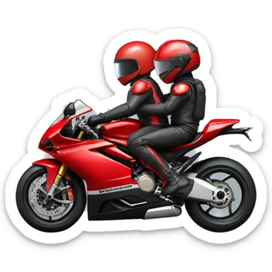 Two people wearing black helmet riding a red ducati 1098 motorcycle  sticker