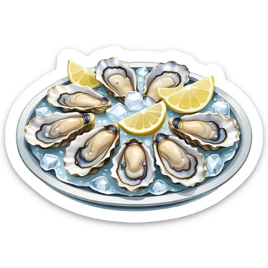 Cinematic fresh oysters on the half-shell, glistening with seawater, served with lemon wedges and ice, soft glowing highlights, elegant and luxurious. sticker
