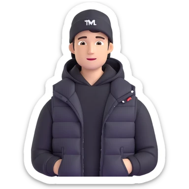 A guy in a hat, black hoodie, and a puffer vest sticker