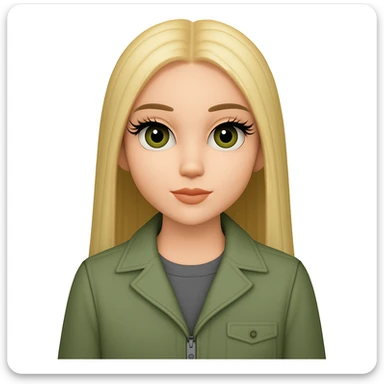 Make the girl have longer straight blonde hair with a middle part, bigger eyelashes, and a grey shirt under her sage green jacket. Maintain the original style and details. sticker