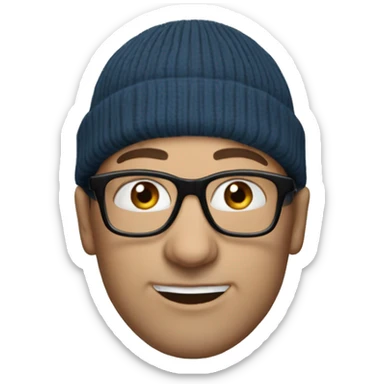 45 year old bald guy, blue eyes, black glasses and a beanie sticker