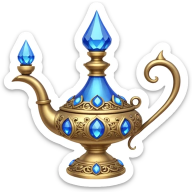 a genie lamp with blue gems and a DD carved sticker