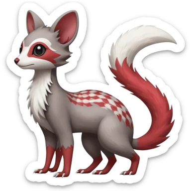 Minccino-Mongoose-Lykoi-Emolga-Pachirisu-Zangoose-fusion-hybrid-animal-Fakémon-creature, full body, thin long sleek scaly tail, intricate markings sticker