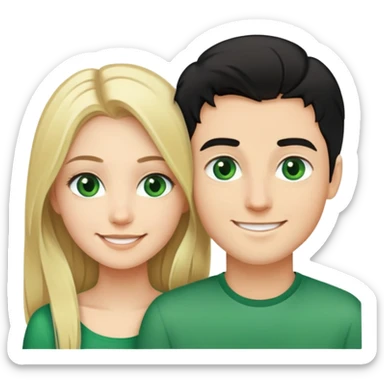 Smiling couple of blonde girl with long hair green eyes and boy with short black hair and green eyes sticker