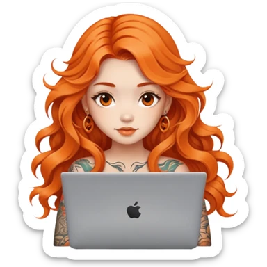 beautiful girl with tattoos, with long Orange hair, wavy hair, chinese, with laptop sticker