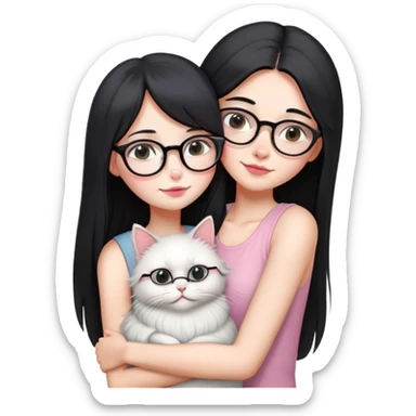 Skinny woman with oval glasses, long straight black hair, pink cheek blush, wearing white sleeveless top, hugging a grey Persian-Angora cat, plain background sticker