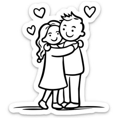 Hand drawn sketch of two people hugging with a heart, "Iubind pe cineva" sticker