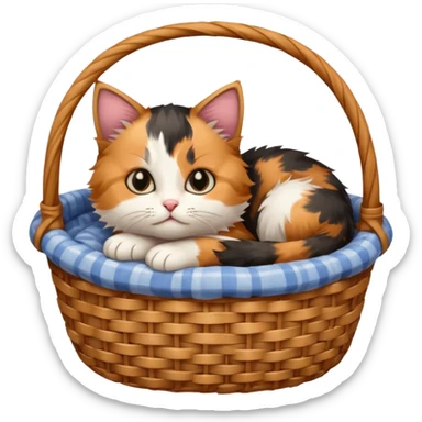 A fluffy kitten curled inside a wicker basket with sleepy eyes. sticker
