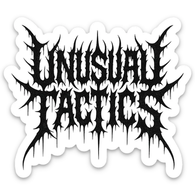 a logo, resembling that of metal band logo, for the text: "unusual tactics", drip font, symmetrical lettering, lettering only sticker