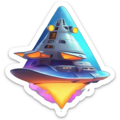 Spaceship in the shape of a triangle-cursor, taking off out of the sky with neon colors. There's fire and smoke coming from underneath the ship sticker
