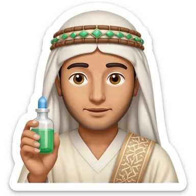 Arab man wearing traditional headdress holding medicine bottle or pill sticker