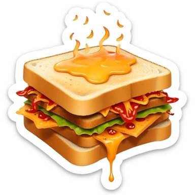 extra spicy sucuk sandwich object icon, crispy toasted bread, lots of spicy sucuk slices, dripping melted cheese, hot chili sauce, red pepper flakes, spicy steam effect, 3D cartoon, mobile game icon style, clean background, no text, no watermark
 sticker