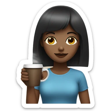 a girl with blue eyes with bangs on dark brown hair drinks coffee sticker