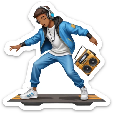Icon for Street Dance: a dancer in urban streetwear performing a dynamic breakdance move, with a spray-painted background, headphones, and a boombox on the asphalt. The icon should capture the energy, style, and creativity of street dance culture. Transparent background. sticker