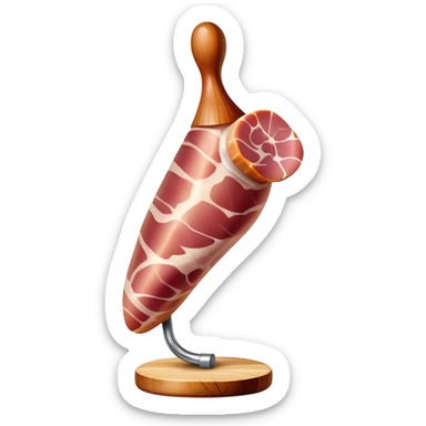 Jamón Serrano Cinematic Realistic Jamón Serrano Dish Emoji, depicted as a prominent leg of cured ham with visible marbling, rendered with rich textures and dynamic, appetizing lighting. sticker