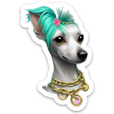 Punk tropical palm leaves flowers Chinese crested dog neon rainbow cyan green pink hair gold chain punk piercings tattoos punk ear piercings sticker