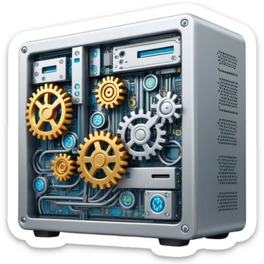 Computer server with gears and code symbols representing DevOps automation sticker