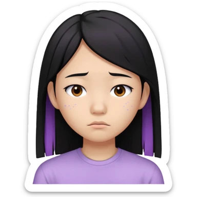 Sad Asian teenager, long straight black hair, lilac bando, white shirt, acne and breakout on cheek sticker