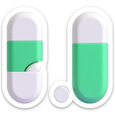 a capsule-shaped pill, split evenly with one half white and the other half green, minimal style sticker