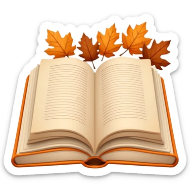 Minimal flat emoji of an open book with autumn leaves around it, cozy fall theme, simple line art, neutral beige background, black outlines, subtle orange and brown accents, clean modern style inspired by Notion graphics, symbolizing a Fall Reading Challenge. sticker