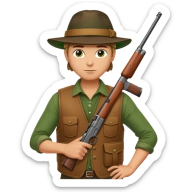 hunter with a shotgun slung over shoulder, confident stance sticker