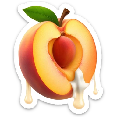 peach cut in half with milk oozing out of the bottom center sticker
