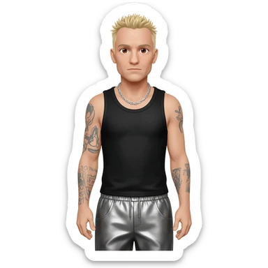 Chester Bennington with brown eyes, blonde hair, black metallic tank top, charcoal metallic baggy pants, silver necklace sticker