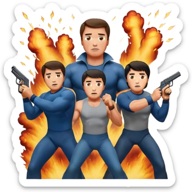 Action movie icons: Arnold Schwarzenegger, Sylvester Stallone and Jackie Chan in tense poses, surrounded by explosions, guns and fast-paced stunts. The design should reflect the energy and heroes of classic action movies. Transparent background. sticker