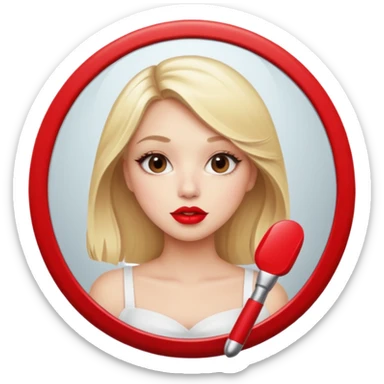 blonde girl taking mirror selfie. Red lipstick sticker