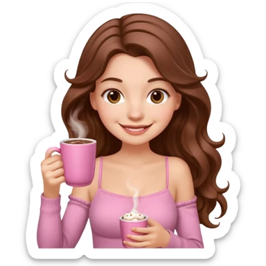 menina branca com cabelos castanhos longos ondulados com xícara rosa na frente com chocolate quente, com blusa de alça fina sticker