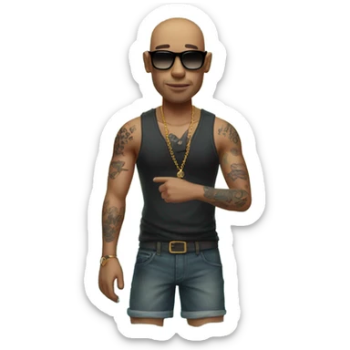 bald man with sunglasses by water with tattoos  sticker