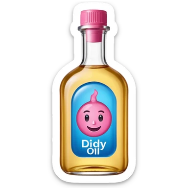 Smiling bottle of oil blue top pink outside with logo that says diddy oil sticker