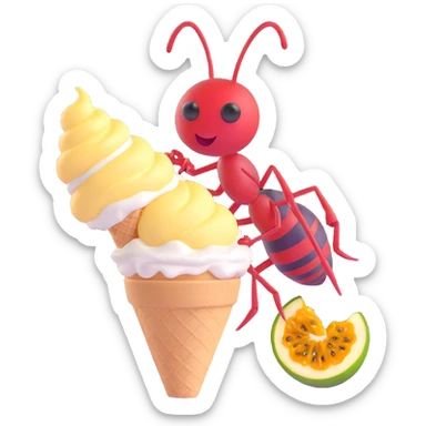 icon of an ant eating passion fruit ice cream, subtle 3D effect sticker