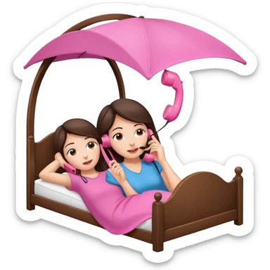 brunette woman laying on a canopy bed, holding a pink telephone to her ear sticker