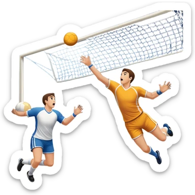 A handball thrown towards the goal, mid-air, with the goalposts and court lines in the background. The scene captures the power and precision of the throw, with the net of the goal in focus, emphasizing the dynamic action of the sport. sticker