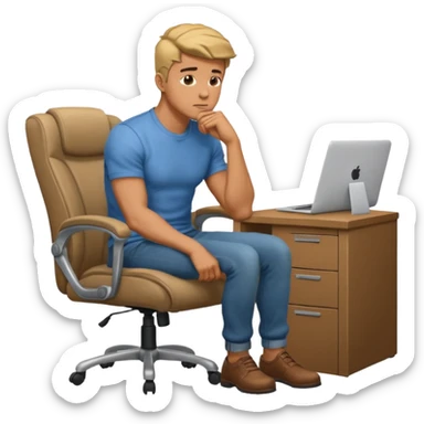 guy imitating thinker statue pose but with casual clothes and sitting in a office chair and looking up sticker